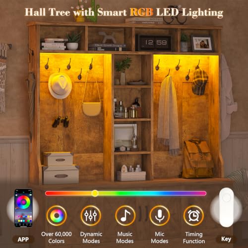 CSZZD Hall Tree with Bench and Shoe Storage, Farmhouse Entryway Bench with Coat Racks and Led Lights, Large Hall Tree with 12 Coat Hooks, 8 Storage Cubbies, Adjustable Shelf - color: Rustic Brown, size: 59.1"