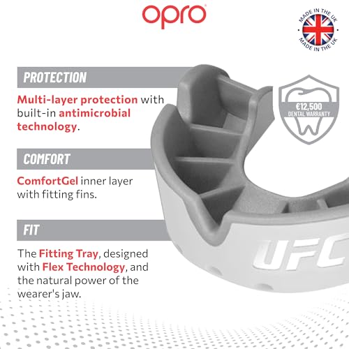 OPRO Silver Level UFC Moldable Mouth Guard Essential Fit (White/Silver) Kids Youth Boxing Mouthguard for MMA & Impact Sports, Self-Fit Mouth Guard for Sports, Football & Hockey - Includes Case - color: Ufc - White/Silver, size: Youth (Under 10)