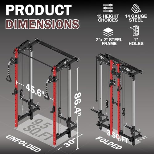 Mikolo Folding Squat Rack, Wall Mounted Power Rack with Cable Crossover Machine & LAT Pull Down, Functional Trainer with 5 Adjustable Function Modes, Home Gym Package - color: Red, size: WR00 Ultra (Alum Pulleys)