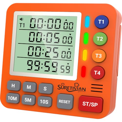 Digital Kitchen Timer with 4 Channel, Loud Alarm and Silent Mode | Magnetic Cooking Timer with Count Up & Countdown for Kids and Seniors, Large Display to Read, Auto Memory, Battery Included - color: Orange