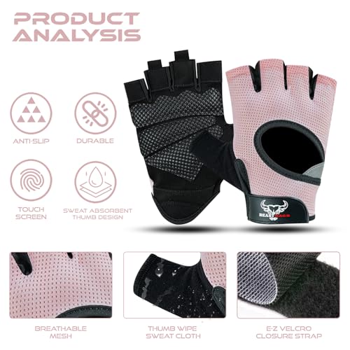 BEAST RAGE Fingerless Weight Lifting Gloves with Palm Protection Padding, Breathable Lightweight Gym Gloves for Men, Women, Weightlifting, Cycling, Exercise, Training Pull Up - color: Pink, size: Large