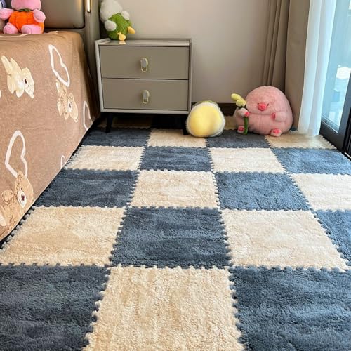 12pcs Carpet Squares Puzzle Floor Mat, Plush Interlocking Carpet Tiles, Anti Slip EVA Foam Jigsaw Floor Tiles, Build A Safe Area for Bedroom Playroom (Beige+Grey) - color: Beige+grey