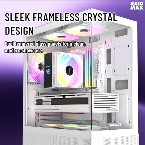 Raidmax i802 Vibe Series ATX Mid Tower Gaming Case Bundle – Tempered Glass Side Panel, Includes 700W 80+ Power Supply, AM1204 Digital Display Air Cooler, and 5 Pre-Installed FRGB Fans (White) - color: White