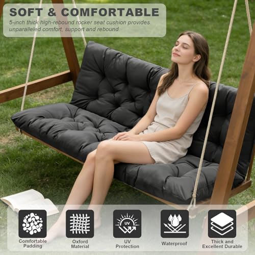 Porch Swing Cushions,Outdoor Cushions 3 Seater Replacement with Backrest, Waterproof Thickened Bench Cushion with Ties for Porch, Patio,Outdoor, Backyard and Garden (Black 47 * 40 in) - color: Black, size: 47x 40 inches