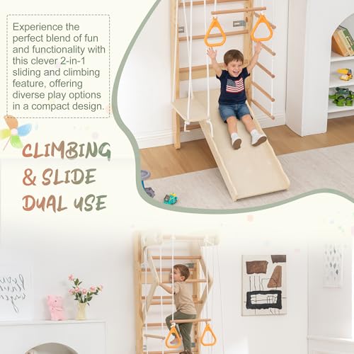 6-in-1 Swedish Ladder Wall Gym, Indoor Kids Playground with Swing, Rope Ladder, Pull-Up Bar, Slide, Gymnastic Rings, Wooden Wall Mounted Indoor Play Set for Kids & Adults (Style A)