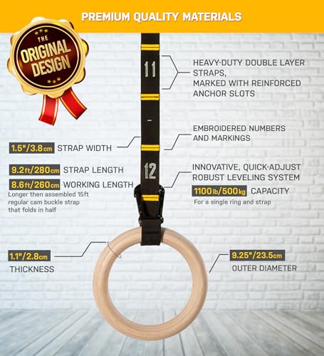 Double Circle Wood Gymnastics Rings with Quick Adjust Numbered Straps and Exercise Videos Guide - Full Body Workout Rings, Calisthenics, Home Gym (Multi-Size) - style: Rings 1.1 Inch