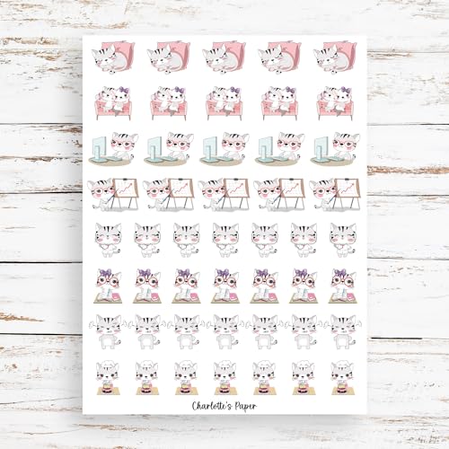 Cute cat chore stickers icons, waterproof, removable, workout coffee errands planner journal calander, 104 stickers, Stay Happy, Planner (Matte Vinyl, 6 Sheets)