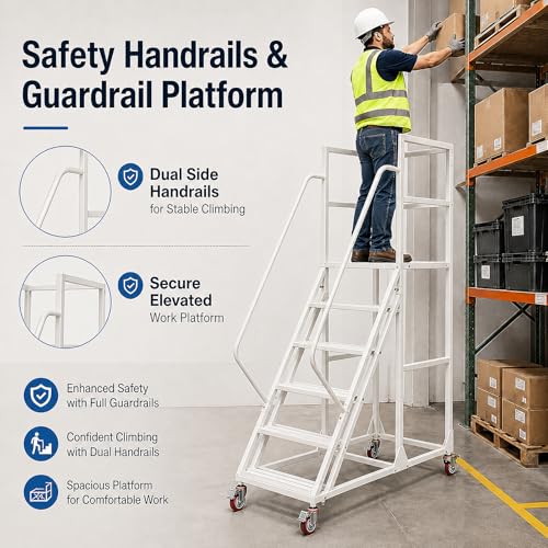6 Step Rolling Ladder with Handrails, 1100 lbs Capacity Heavy Duty Mobile Warehouse Ladder with Wheels, Industrial Steel Non-Slip Rolling Stairs with Large Platform, for Garage Stockroom Library - color: White, size: 6 Step