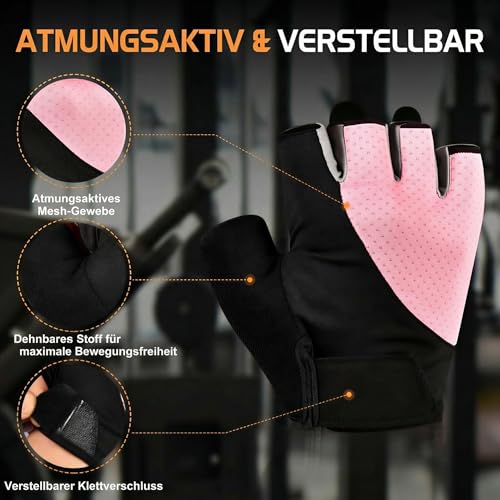 sunnex Workout Gloves for Women - Breathable Weight Lifting Gloves with Non-Slip Silicone Padding, Fingerless Gym Gloves for Cycling, Rowing, Pull Ups & Training (4 Sizes) - color: JS-PINK, size: Large