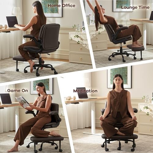 AreShark Cross Legged Office Chair,ADHD Criss Cross Desk Chair with Wheels & Stretchable Rotating Footrest,Height Adjustable Wide Yoga Kneeling Meditation Chair with Flip-up Armrests Back Support - color: Brown