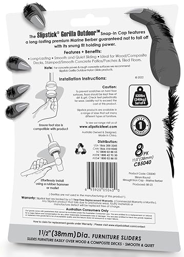 Don't Scratch Your Deck Gorilla Outdoor 1-1/2 Inch Patio Furniture Feet Caps (8 Pack) Floor Protecting Replacement Feet Glides for Metal Outdoor Furniture & Indoor, Weatherproof Berber Sliders