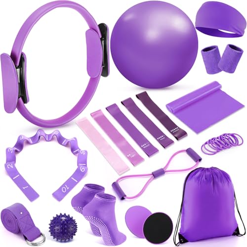 Poen 18 Pcs Home Pilates Ball and Ring Circle Set Yoga Fitness Essentials Kit with 5 Resistance Band Stretching Strap Non Slip Sock Ball Core Slider Wristband Headband Gym Bag for Women - color: Purple