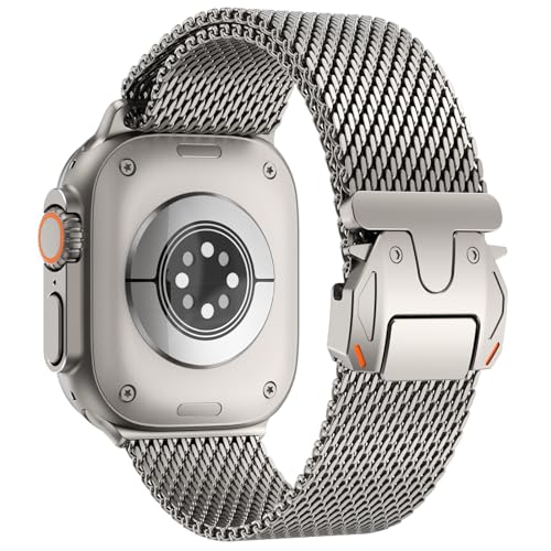 WINGLE Milanese Loop for Apple Watch Band Ultra 3/2/1 Band Ultra 49mm Series 11 10 46mm 45mm 44mm SE 3/2/1 Series 9 8 7 6 5 4 3 Men Women,Parachute-Style Buckle Stainless Steel Mesh Metal iWatch Bands - color: Natural