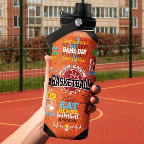 SANDJEST Basketball Water Bottle 32oz, Stainless Steel Insulated Sports Bottle with Lid, Basketball Gifts for Men Players Lovers Fan - color: Basketball 1