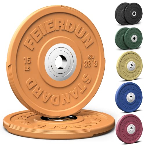 FEIERDUN Color Bumper Plate Set, 2-Inch Olympic Weight Plates, Low Bounce Rubber Barbell Plates with Stainless Steel Insert for Weightlifting, Strength Training, CrossFit & Home Gym, 10LB-370LB - style: B) 15LBS Pair
