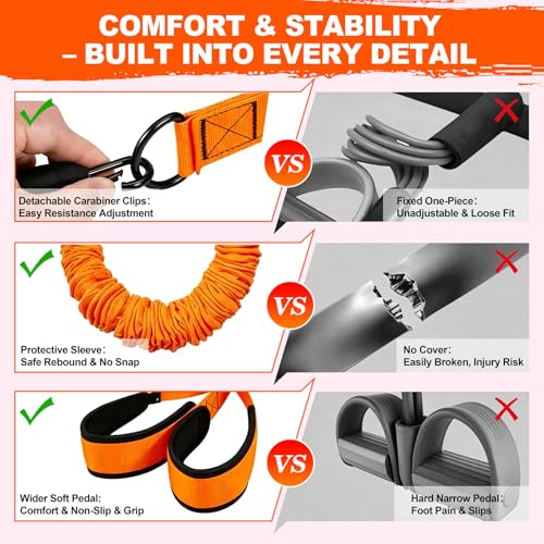 Multifunction Foot Pedal Resistance Band with Handle, 3-Tube Adjustable Elastic Yoga Exercise Bands, Home Gym Workout Equipment for Women & Men to Tone Abs, Core, Chest, Arm, Leg, Waist - color: Orange
