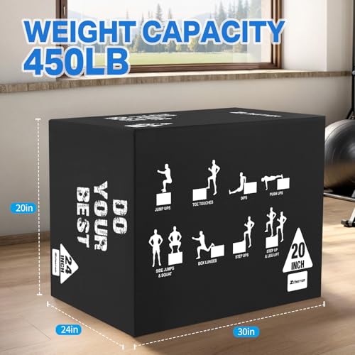 Zoomster 3-in-1 Foam Plyometric Box, Heavy-Duty Soft Plyo Jump Box with 450lbs Capacity, Reinforced Thick PVC & High-Density EPE Foam for Box Jumps, Home Gym, HIIT & Strength Training - size: 20 X 24 X 30inch