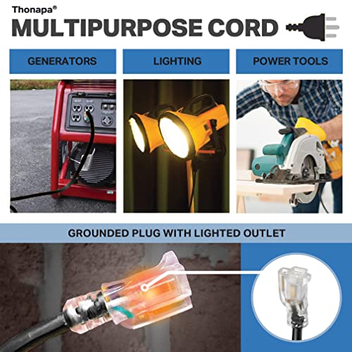 Thonapa 12 Gauge Extension Cord 6 Ft Outdoor - 12/3 Heavy Duty, Lighted End | SJTW Black Cable, 3 Prong, Grounded Plug, For Job Sites, Garden & Major Appliances - color: Black, size: 6 Foot