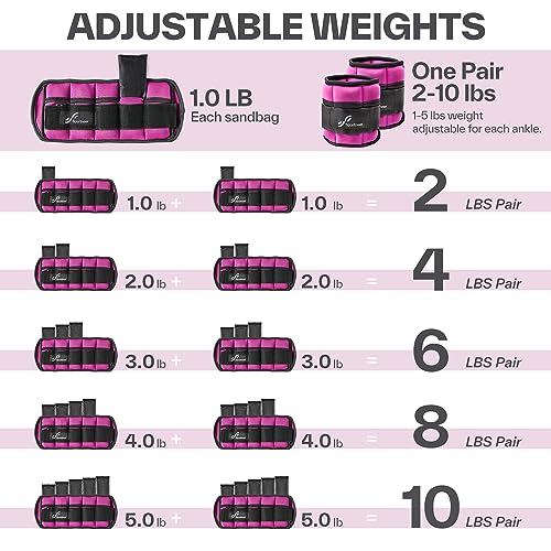 Sportneer Adjustable Ankle Weights Set - 1 Pair (2-10 lbs) Removable Sandbags for Women & Men, Comfortable Neoprene Leg Weights for Walking, Running, Pilates, Yoga, Home Workout & Physical Therapy - color: Pink