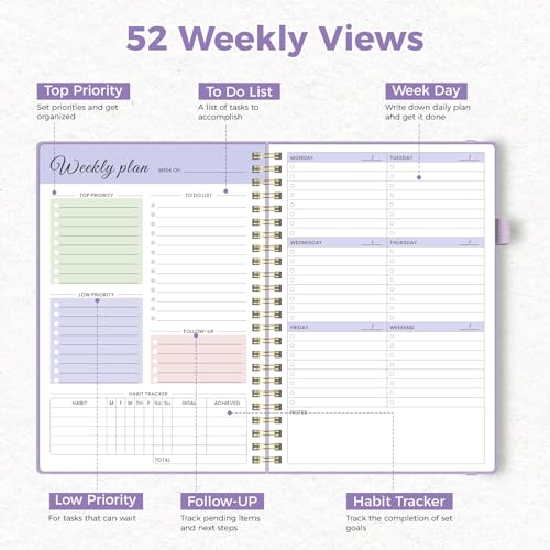 Oucaru Undated Weekly Planner, A5 To Do List Notebook with Goal & Habit Tracker Organizer, 52 Weekly Planner Notebook with Spiral Binding for Office Home School Supplies - size: A5-Purple, style: Weekly Planner