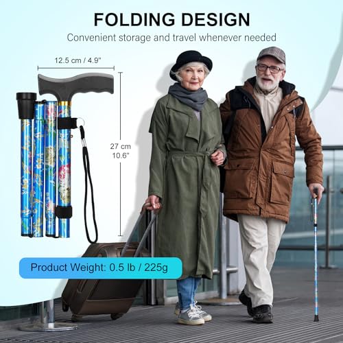 supregear Folding Cane, Lightweight 5-Level Adjustable Walking Stick with Wrist Strap and T-Handle, Portable Mobility Aid for Elderly and Disabled Men and Women - color: Floral Blue