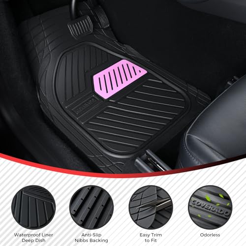 Coverado Floor Mats for Cars, Black and Pink Rubber Car Mats Full Set, Deep Dish Waterproof Universal Trim-to-Fit Car Floor Mats, Durable All Weather Automotive Car Mats for Cars Trucks SUV - color: Black&Pink
