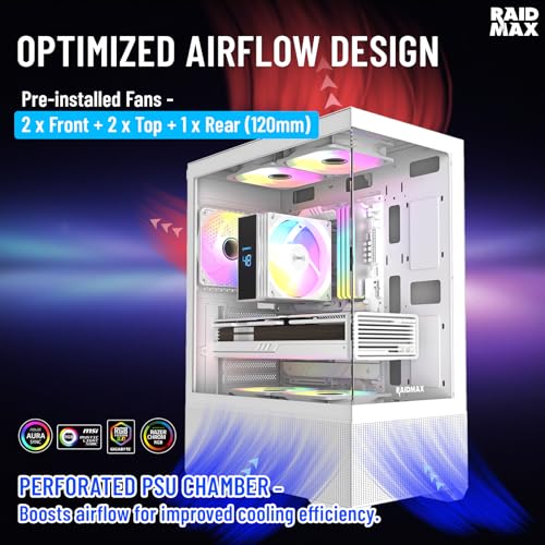 Raidmax i802 Vibe Series ATX Mid Tower Gaming Case Bundle – Tempered Glass Side Panel, Includes 700W 80+ Power Supply, AM1204 Digital Display Air Cooler, and 5 Pre-Installed FRGB Fans (White) - color: White