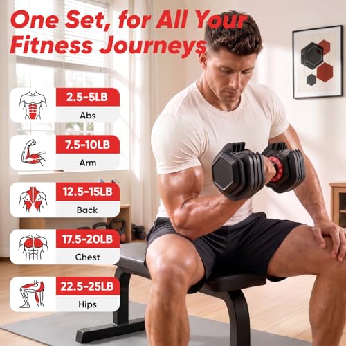 PIRIER Adjustable Dumbbell Set 25/50LB Dumbbells Weight, 10-in-1/18-in-1 Weight Dumbbell with Anti-Slip Metal Handle and Bicep Supports for Comprehensive Full Body Strength Training - color: Black-25LB-Pair