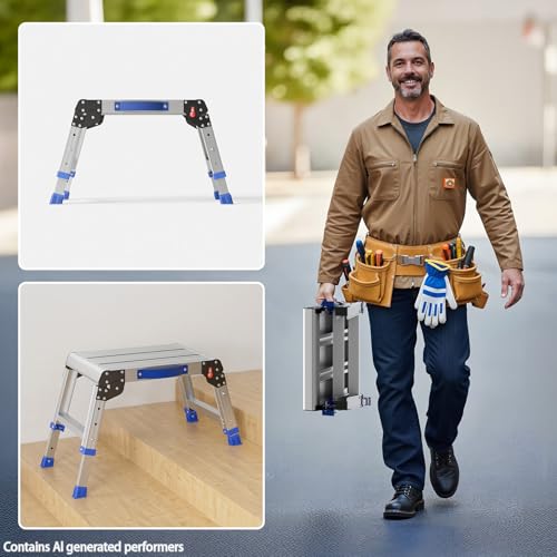 Loyoda Folding Step Stool for Adults, Portable Aluminum Work Platform 440lb | 12"-15.7" Adjustable Height, 12" x 16.5" Wide Platform for Garage, Painting, Reach High Shelves, Gardening, Car Wash - size: Regular
