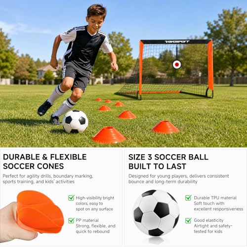 2 Pack Kids Soccer Goals for Backyard Set, 4x3 ft Portable Pop Up Soccer Goal, Kids Soccer Net Training Equipment with Soccer Target, Ball, Cones, for Ages 3-12 Outdoor Sports Games Gifts - color: Black Orange