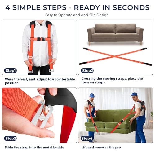 Ytonet Moving Straps, Lifting Straps for Move Furniture, 2-Person Shoulder Lifting and Moving System with Back Support for Appliances, Mattresses, Heavy Objects up to 800lbs, 120" Round Sling, Orange - size: With Back Support-Standard
