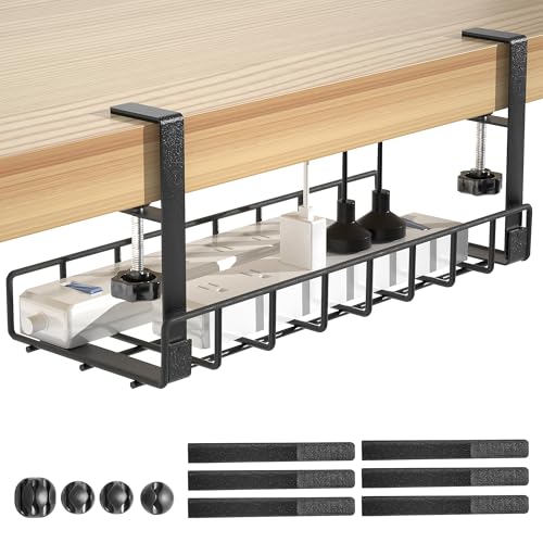Under Desk Cable Management Tray, Xpatee Upgraded Wire Management No Drill No Screws, Cable Tray with Clamp for Wire Organizers, Computer Cord Rack for Office, Home - No Damage to Desk Black - color: Black
