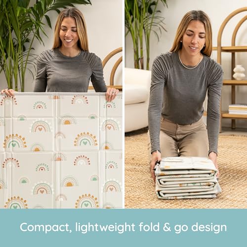 Infantino Foldable Foam Play Mat Reversible 57x57 in, Rainbows | Reversible design with two sides to play, Lightweight & portable, Water-resistant & wipeable, Folds flat for easy storage - style: Rainbows
