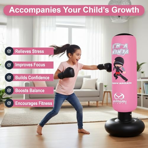 Marwan Sports Ninja Kids Punching Bag — Inflatable Sensory Toy & Birthday Gift for Boys & Girls Ages 4-12, 63" Freestanding 5-in-1 Kit, Indoor Apartment-Quiet Sensory-Friendly Active Play - color: Pink