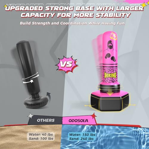 ODOSOLA 67'' Inflatable Punching Bag Freestanding for Kids Aged 3-12 – Heavy Duty Boxing Set for Karate & Taekwondo, Stable Boxing Bag Active Kids Toy, Christmas Birthday Gift for Boys and Girls - color: Pink