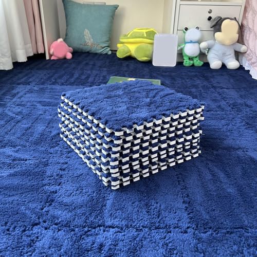 Thickened Soft Plush Foam Interlocking Floor Carpet Mat, 24 Pcs 12x12x0.4 Inch Fluffy Square Puzzle Foam Carpet Tiles with Edgings(Color:Navy) - color: Navy