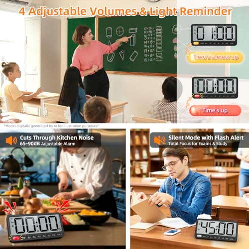 VOCOO Digital Kitchen Timer: 7.6'' Extra Large LCD Display, 99H Countdown, Magnetic, 4 Volume Levels, Visual Light Alert, Battery Operated Count-Up Stopwatch for Cooking, Home Gym, Classroom (Black)