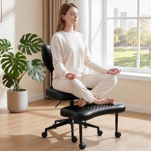 Cross Legged Office Chair with Wheels, 360 Swivel Height-Adjustable Meditation Chair with Lumbar Support, PU Leather, Black - color: Black, size: Heart Back with Rectangular Cushion