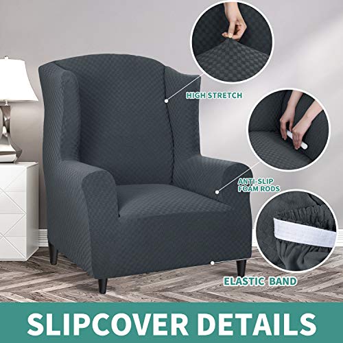 YEMYHOM 1 Piece Stretch Wingback Chair Slipcover Latest Jacquard Design Wing Chair Cover Non Slip Furniture Protector with Foam Rods for Living Room (Wing Chair, Dark Gray) - color: Dark Gray, size: 1 Pack - Wing Chair
