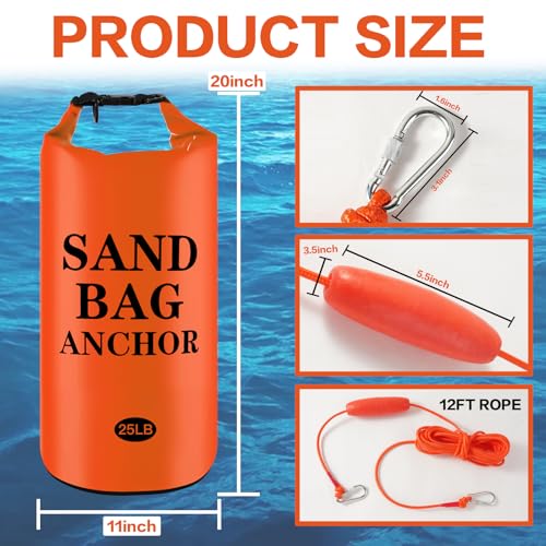 25LB Sand Anchor Bags, Waterproof Dry Bags, 2-in-1 Jet Ski Anchor Bag Kit with Adjustable Buoy for Small Boat Jetski Power Watercrafts Canoes and Kayaks
