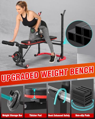 OPPSDECOR 6 in 1 Weight Bench Set with Leg Extension and Leg Curl, 660 LBS Adjustable Bench Press Set with Preacher Curl Pad, Foldable Workout Bench for Home Gym, Strength Training for Teens/Adults - color: Maroon