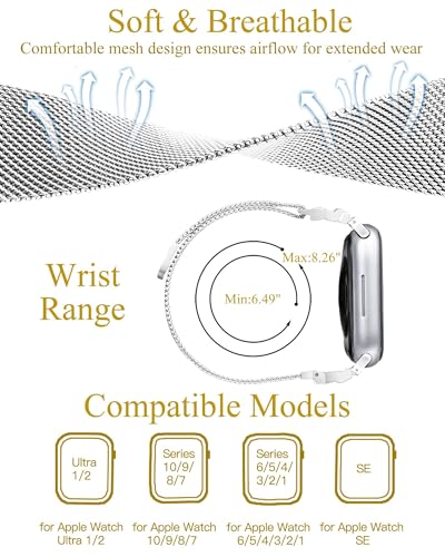 Metal Band Compatible with Apple Watch Bands for Women 38/40/41/42/44/45/46/49mm, Bow-Shaped Diamond Stainless Steel Magnetic Mesh Strap for iWatch Series 11 10 9 8 7 6 5 4 3 2 1 SE Ultra - color: Silver, size: 42mm/44mm/45mm/49mm/46mm(series 11)
