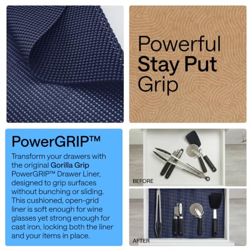 GORILLA GRIP powerGRIP Drawer Shelf and Cabinet Liner, Thick Strong Hold, Non-Adhesive Liners Protect Kitchen Cabinets and Cupboard, Bathroom Drawers, Easy Install, Breathable Mat, 12" x10', Navy Blue - color: Navy, size: 12" X 10', style: 12" x 10'