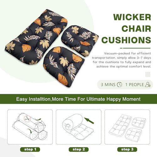 Wicker Chair Cushions Set, 2 U-Shaped Cushions & 1 Loveseat, Waterproof Outdoor Loveseat Cushion for Patio Furniture, Settee Bench Pad All Weather,YellowLeaf - color: Yellowleaf