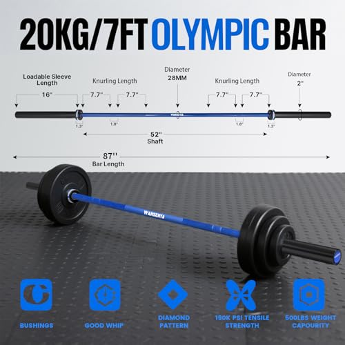 7FT Olympic Barbell 45lb,28MM 2 Inch Olympic Bar for No. 45 Steel,Olympic Weight Bars for Lifting,CrossFit,Bench Press,Deadlift,Squats,Strength Training bars - color: Blue-500LBS
