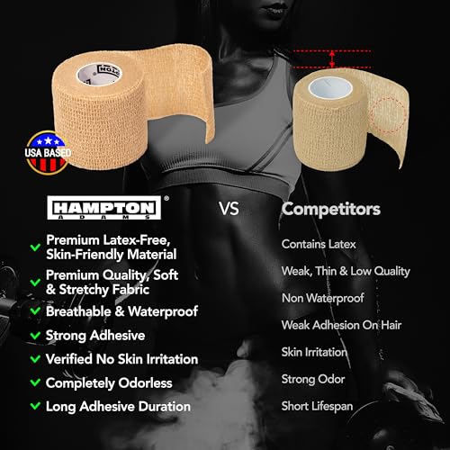 Hampton Adams | As Seen on Shark Tank | Self Adhesive Bandage Wrap (14-Pack) | 15ft | Pet Safe | Breathable Athletic Elastic Cohesive Bandage for Sports Injury Ankle Knee Wrist sprains (Beige) - color: Beige