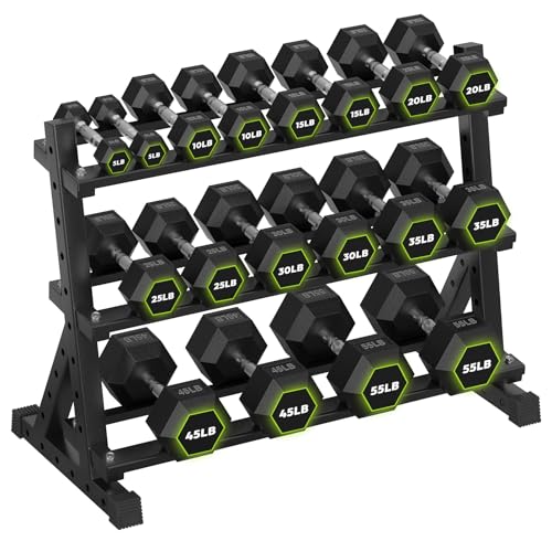 HANDBODE Dumbbell Set with 3-Tier Rack, 390-790 lb | Heavy Duty Weight Stand for Dumbbells, Space-Saving Metal Storage Organizer, Sturdy Dumbbell Holder for Home Gym - style: 480 lb Set (5-55 lb) *2 & Rack