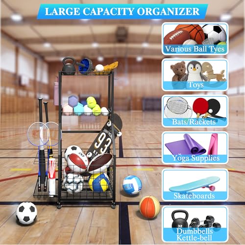 Sports Equipment Garage Organizer,Garage Ball Storage Rack for Sports with Wheels-Upgraded 3 Layers Sports Organizer Rack Outdoor Basketball Racks for Balls with Holder and Hooks - color: Black