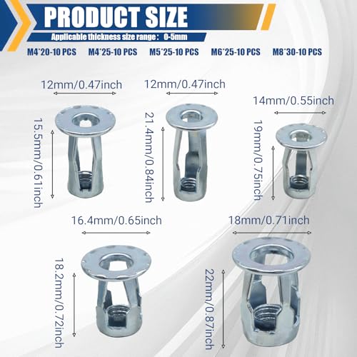 50 Pack Hollow Door Anchor Set, M4 M5 M6 M8 | Metal Cavity Fixing, Aluminium Cladding, Extra Short Wall Anchors for Steel Pipe Iron Sheet Plastic Sheet, M4 M5 M6 M8 - size: 50 Pack(M4 M5 M6 M8)