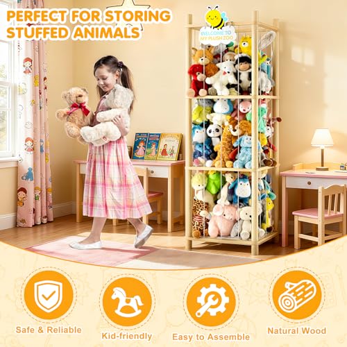 Stuffed Animal Storage Zoo Organizer Natural Pine Plushies Storage with Elastic Bands Vertical Wood Toy Holder Mesh Net Space Saving Design for Playroom Nursery Kids Bedroom - color: Wood Color Bee（yellow Bee Board）